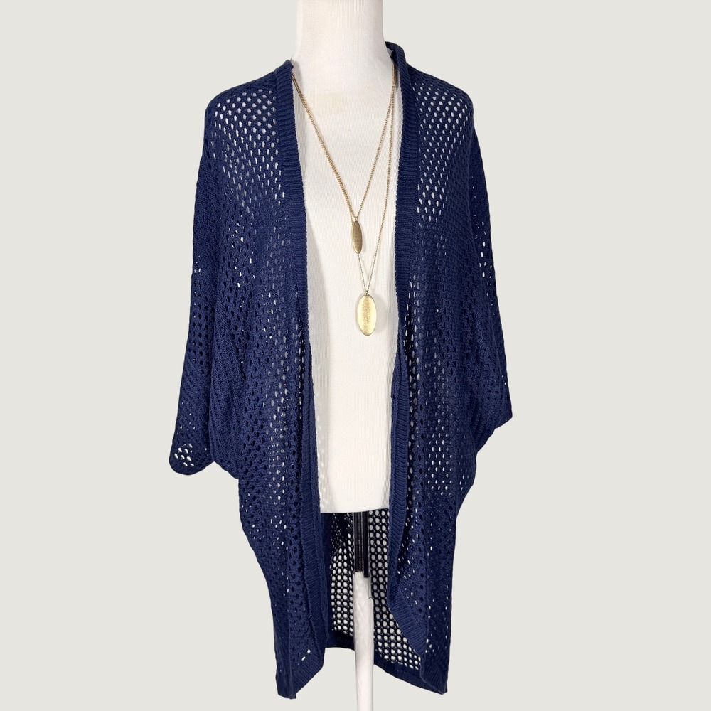 Navy Blue Pointelle Open Knit Cocoon Cardigan XL PF624937CH Dolman Sleeve - Picture 2 of 7
